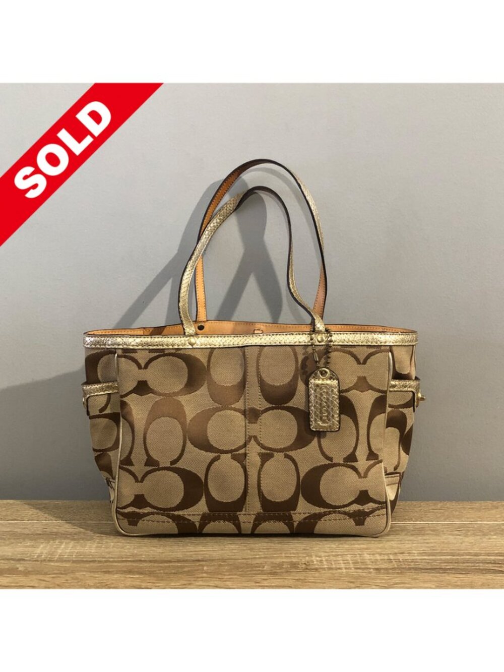 Coach Signature C Brown/Tan/Gold Trim Purse Tote Bag